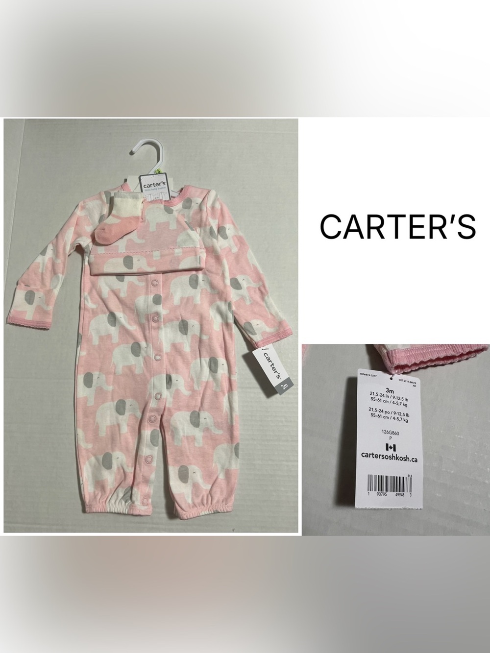 CARTER’S - 3M - NWT - INFANT GIRLS 3PC PINK ELEPHANT SET
